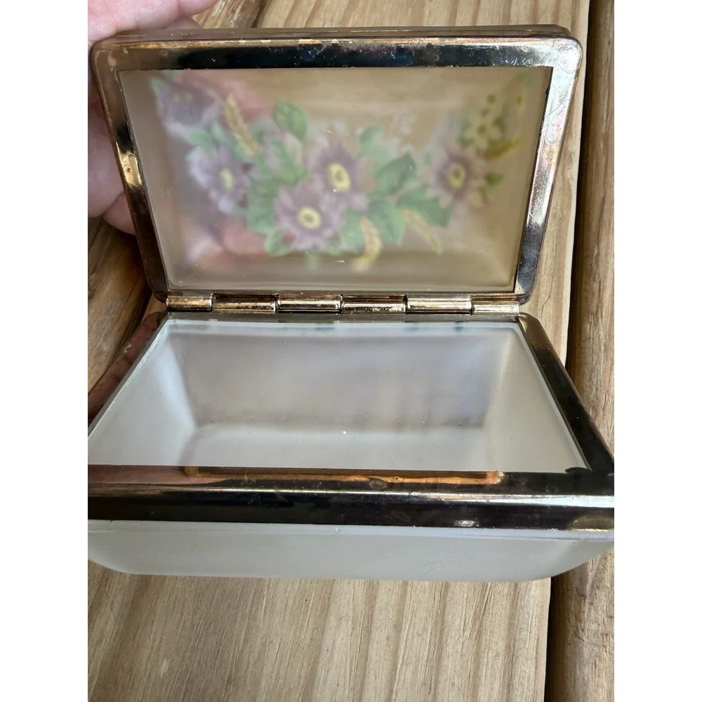 Vintage Frosted Glass Trinket Box Hand Painted Flowers Brass Hinged Vanity Decor